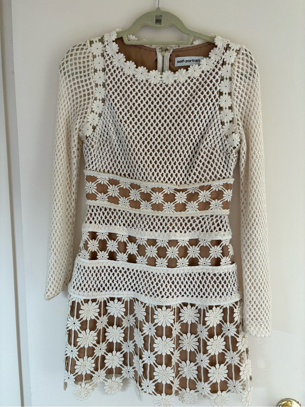 SELF PORTRAIT Cream Floral Crochet Long-Sleeve Mini Dress